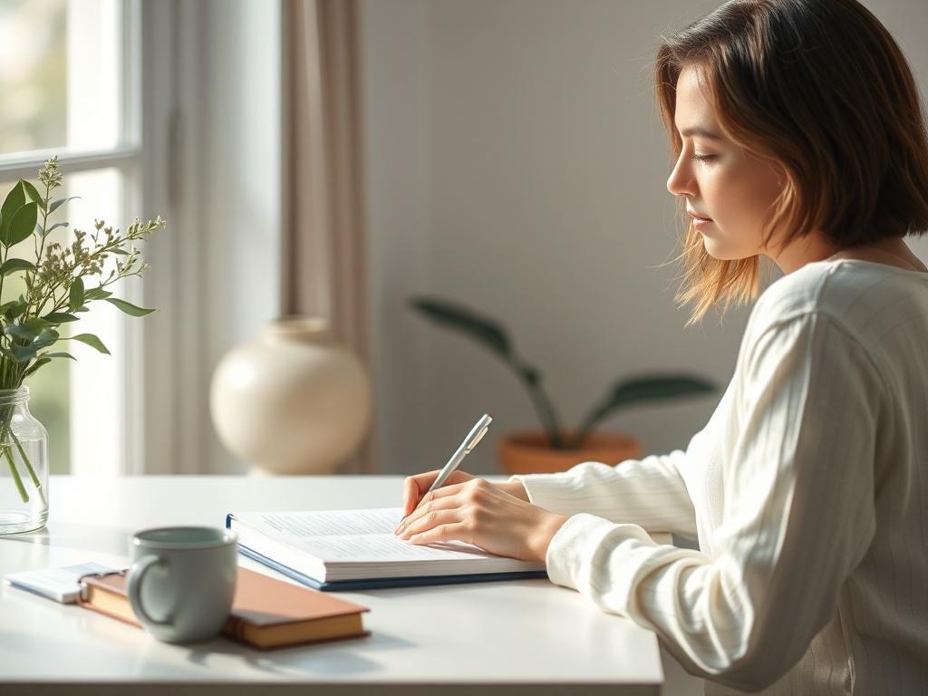 A serene setting with a person sitting at a table,