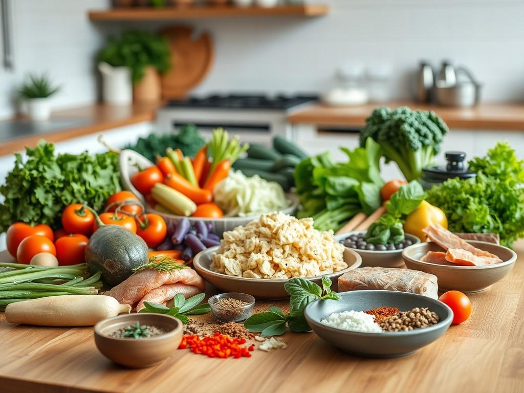 A colorful display of various healthy meal ingredients laid out