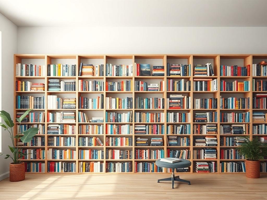Create a realistic high-resolution photo of a beautifully arranged bookshelf in a minimalist modern home interior. The composition should showcase a single subject: a large, aesthetically pleasing bookshelf filled with hundreds of colorful book spines organized by color, creating a vibrant and harmonious display. Natural window light should gently illuminate the books, adding warmth to the scene. The background should be softly blurred to emphasize the bookshelf as the centerpiece, showcasing books displaye