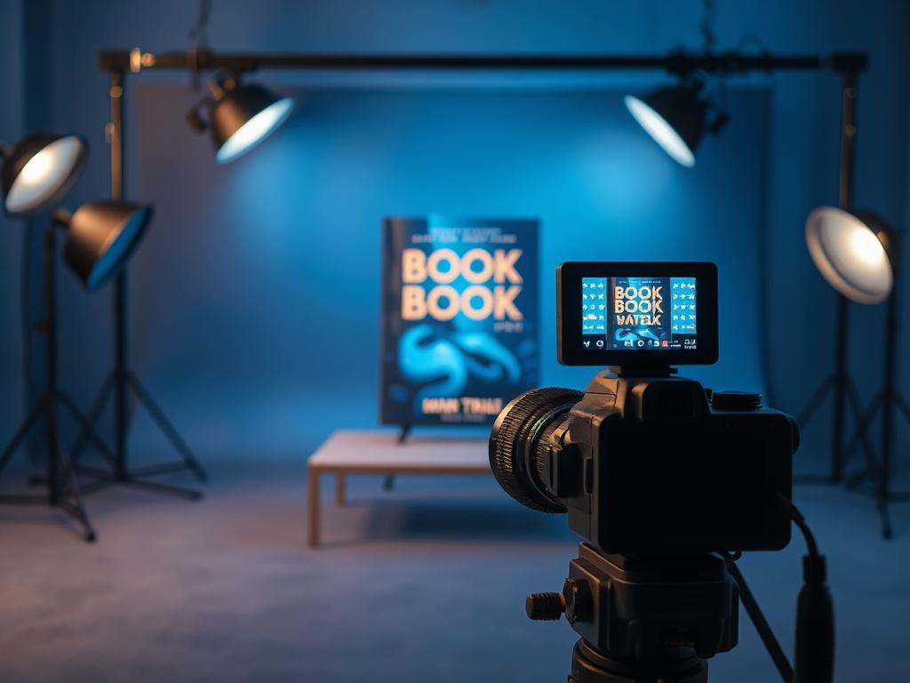 A high-resolution photo showcasing a video production setup focused on creating a book trailer. The scene features a visually striking book cover displayed prominently in the center. The background is a cool-toned environment with rich blues and soft grays, creating a professional atmosphere. A camera is positioned in front of the book, capturing the vibrant cover. Soft lighting highlights the book, making it the focal point of the image. The composition is simple and clear, emphasizing the process of video
