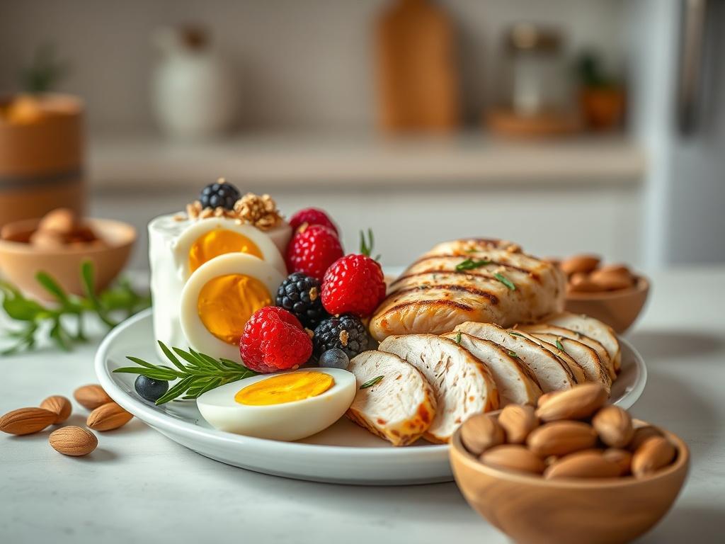 Create a realistic high-resolution image of a single, beautifully arranged plate of delicious high-protein snacks. The snacks should include a variety of appealing options like Greek yogurt topped with fresh berries and a sprinkle of granola, hard-boiled eggs, slices of grilled chicken breast with fresh herbs, and a handful of raw almonds in a small bowl nearby. 

The composition should be simple and clear, with the plate of snacks centered in the foreground. The background should feature a softly blurred k