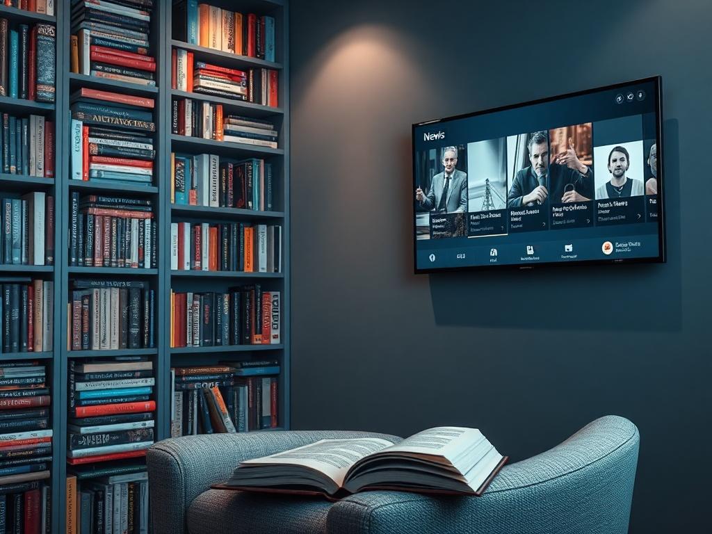 Generate a realistic high-resolution editorial-style photograph featuring a tall bookshelf filled with a vibrant assortment of hardcovers and paperbacks on the left side. The bookshelf should exhibit a diverse range of book colors and sizes, showcasing some spine designs clearly. On the right side, seamlessly incorporate a wall-mounted TV screen displaying a news program alongside podcast apps, ensuring the screen is active and visually engaging.

In the foreground, create a cozy reading nook that includes 