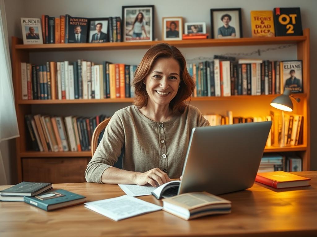 Create a realistic high-resolution photo of an author sitting at their wooden desk in a cozy home office. The author, a middle-aged person with warm brown hair, is smiling genuinely as they work on their laptop, with notes scattered around them. The warm, inviting lighting of the room casts a soft glow, creating a peaceful and accomplished atmosphere.

In the background, display a variety of the author’s published books in different formats, such as hardcovers, paperbacks, and e-books, neatly arranged on sh