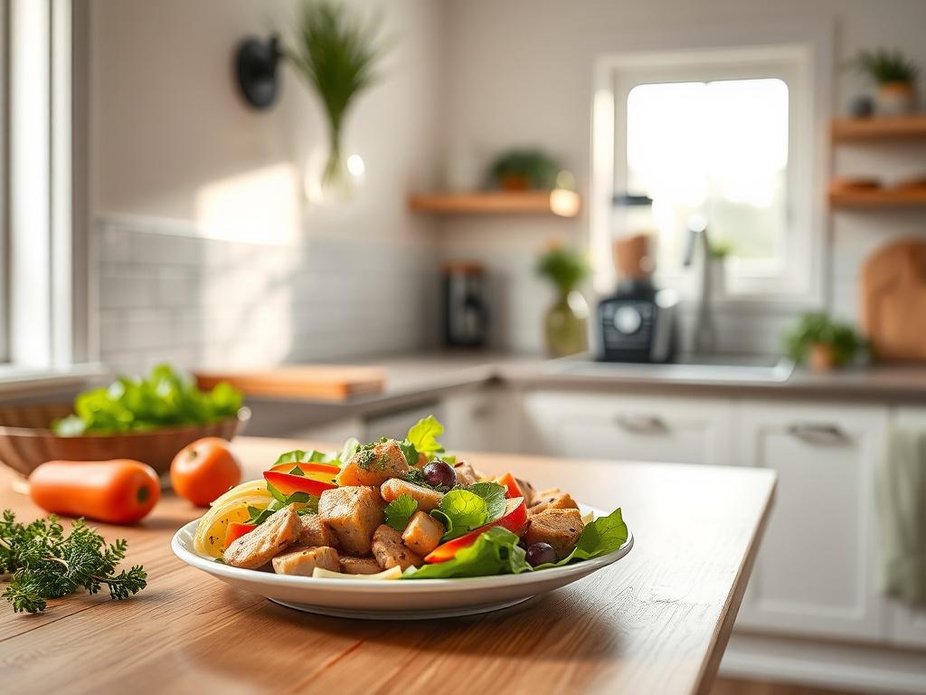 A serene kitchen setting with a single wooden table featuring a vibrant, colorful high-protein meal beautifully plated. Natural light filters through a window, highlighting fresh ingredients like leafy greens, lean proteins, and a Ninja Creami appliance in the background. The atmosphere is peaceful and inviting, showcasing the joy of healthy cooking.