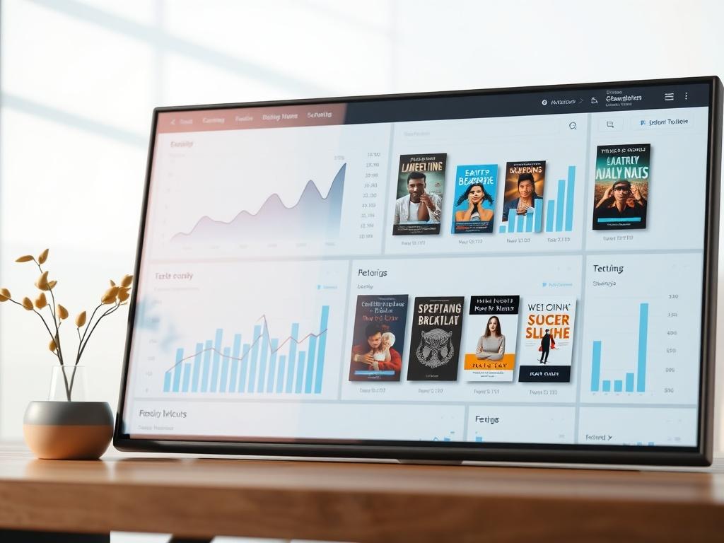 A realistic high-resolution photo showcasing a modern marketing dashboard displaying various digital book ads. The dashboard should feature graphs and statistics in soft tones, with a peaceful atmosphere. The main focus should be on the digital ads, highlighting the books and their covers. The background should be simple and uncluttered, emphasizing the technology and creativity involved in digital marketing.