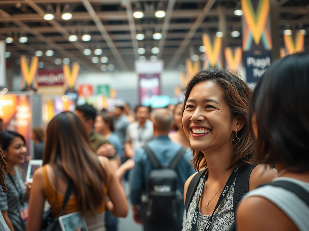 Create a realistic high-resolution photo depicting a large group of enthusiastic attendees mingling at a bustling convention. The composition should feature a single subject at the forefront: a diverse woman in her mid-30s, smiling and engaging with others around her, representing joyful interaction. The background should include a vibrant scene filled with various booths showcasing colorful banners and displays, while softly blurred to maintain focus on the subject. The lighting should be warm and inviting