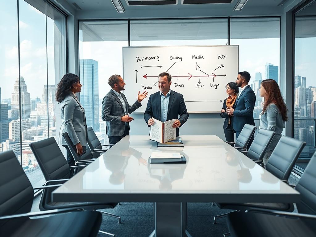 Create a highly detailed, realistic high-resolution photo depicting a small team meeting in a bright, modern office space. The composition should focus on one key subject: an author proudly holding their finished book in the center of a sleek conference table. A publicist stands beside the author, gesturing towards a wall-mounted whiteboard that prominently displays a sketched timeline featuring clear arrows leading to the words ‘Positioning,’ ‘Media,’ and ‘ROI.’ 

The background should feature large glass 