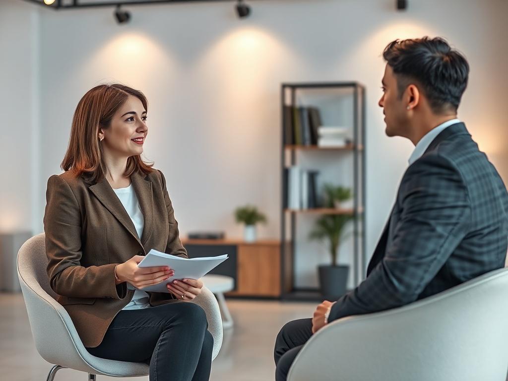 A realistic high-resolution photo of two adults engaged in a professional interview in a modern studio setting. One adult, a woman with shoulder-length brown hair wearing a smart blazer, is asking a question with a notepad in hand. The other adult, a man with short black hair in a tailored suit, is thoughtfully responding. The background features soft lighting, a stylish bookshelf, and subtle decor that conveys a professional atmosphere.