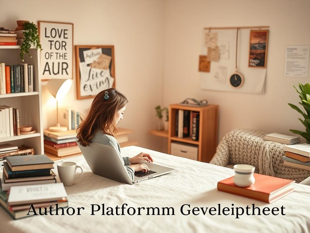 An image of an author working on a laptop in a cozy, well-lit home office. Surrounding are books, a coffee cup, and a vision board, symbolizing creativity and inspiration. The author is focused on the screen, showcasing their commitment to building an online presence. Soft, warm tones create an inviting atmosphere, emphasizing the personal touch in author platform development.