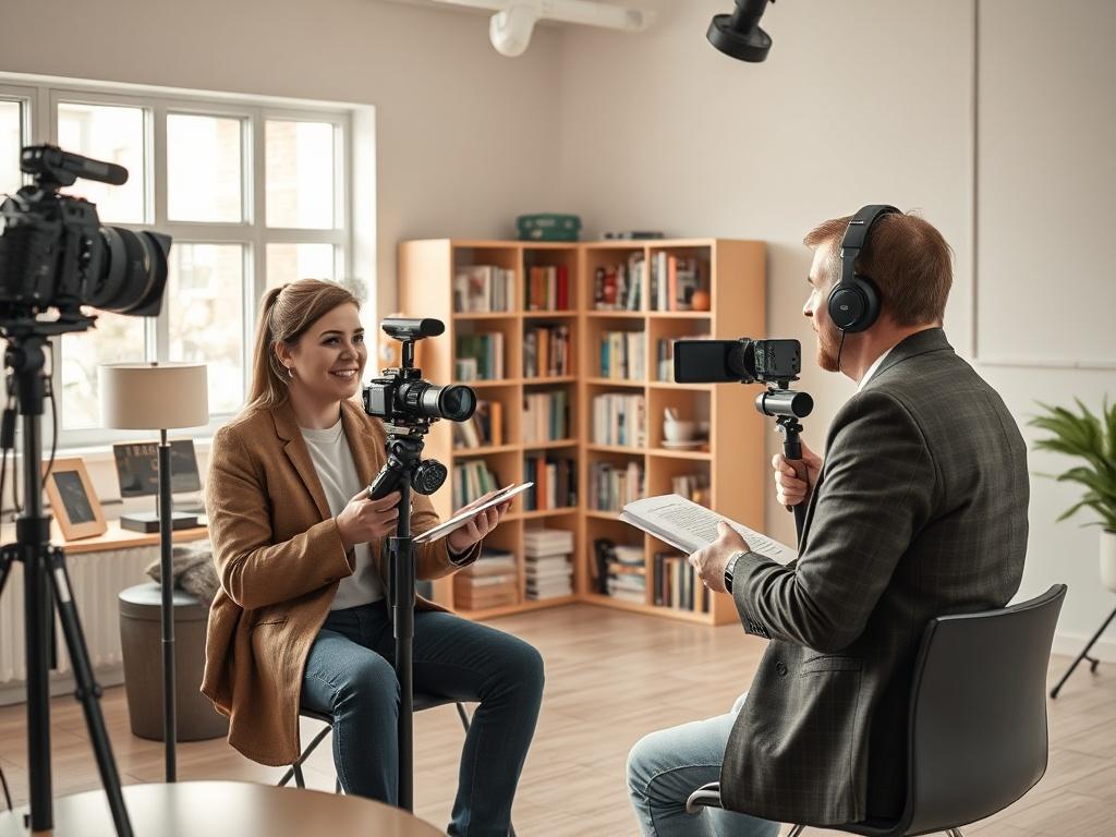 A confident author being interviewed by a journalist in a bright, modern studio. The scene captures a dynamic exchange, with books and promotional materials in the background. The author is engaged and articulate, representing the pinnacle of media relations. The setting is professional yet inviting, with soft lighting that highlights the importance of media engagement.