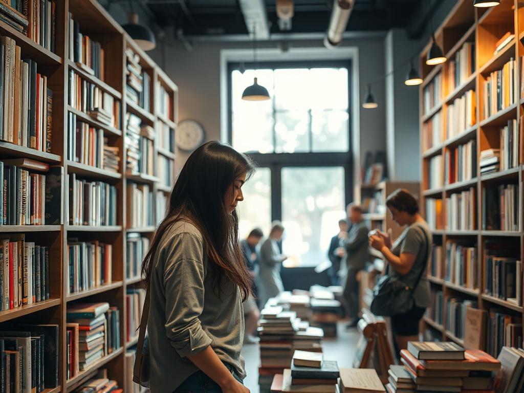 Create a realistic high-resolution image depicting a cozy bookstore interior. The composition should center around a well-organized bookshelf brimming with a diverse array of books in various colors and sizes. In the foreground, include a single person—a young woman with long, dark hair, casually dressed, browsing through the books with a look of curiosity and excitement.

The background should feature other customers of varying ages also engaging with the shelves, absorbed in their own discoveries, but mai