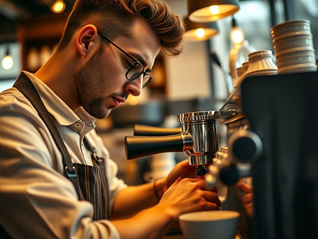 A hyper-realistic close-up of a barista making coffee in a bustling café, focusing on the intricate details of the coffee-making process, with warm lighting and coffee cups in the background.