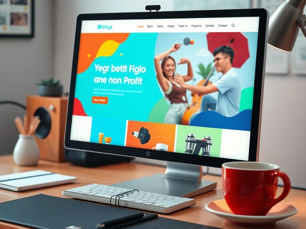 A hyper-realistic close-up of a computer screen displaying a beautifully designed non-profit website, with vibrant colors and engaging visuals, set on a desk with a notepad and coffee.