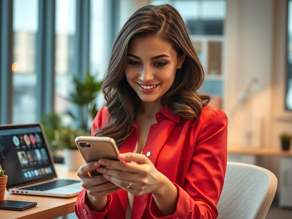 Create a hyper-realistic high-resolution photo that embodies the theme of a blog titled "Maximizing Engagement on Social Media." The composition should feature a close-up shot of a confident young professional woman in a modern, well-lit workspace, engaged in using her smartphone. She should have a look of concentration and enthusiasm, as if she is in the process of crafting a captivating social media post. 

The subject should be positioned centrally, providing a clear view of her facial expression, which 