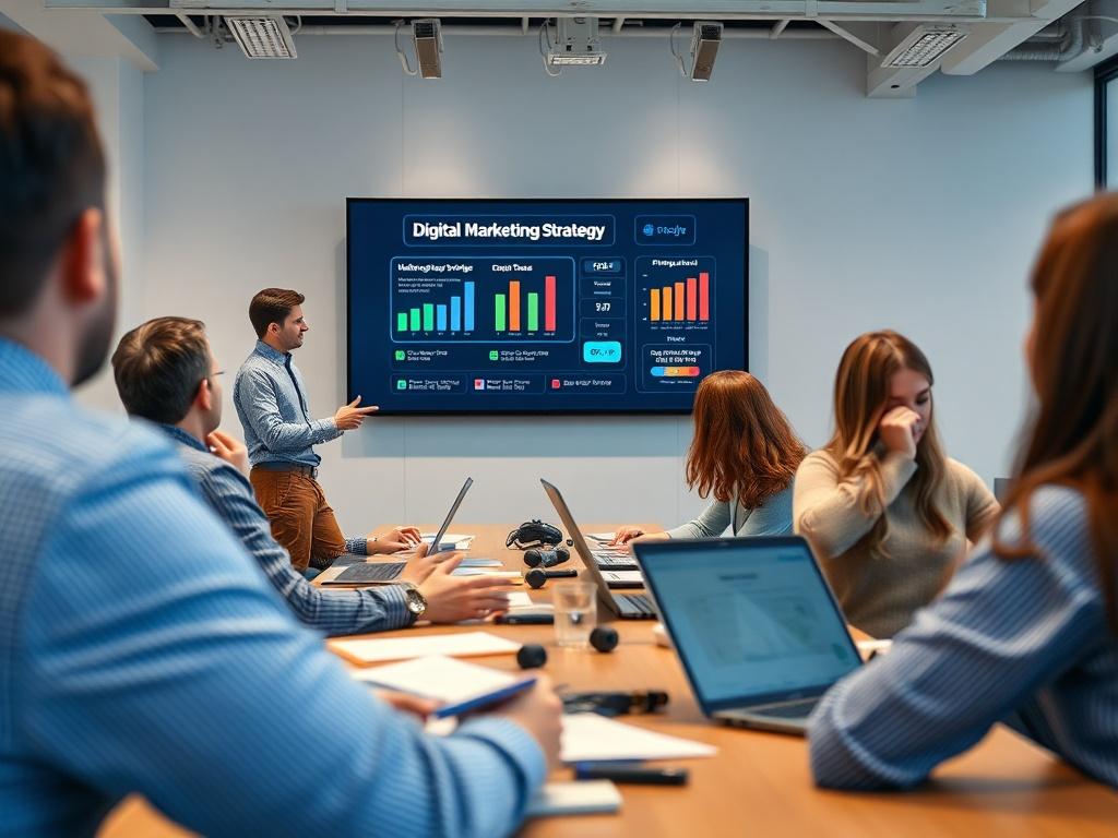 An engaging presentation setting with a marketing professional showcasing a digital marketing strategy on a large screen. The audience should appear focused and interested, with notes and laptops in front of them. The atmosphere should convey professionalism, collaboration, and innovation, with a bright and well-lit conference room background.