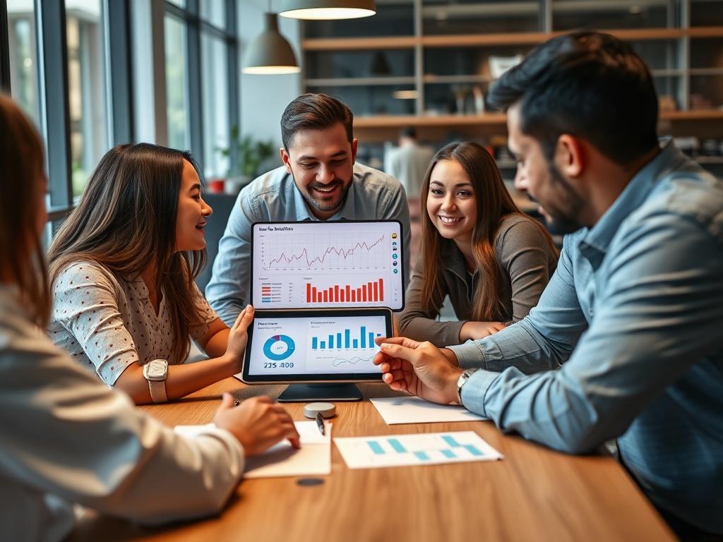 A dynamic team working collaboratively around a table, discussing marketing strategies and analyzing web analytics on a tablet. The setting should be a modern office with vibrant colors and a sense of teamwork. The focus should be on the tablet screen displaying charts and graphs, symbolizing growth and progress in digital marketing efforts.