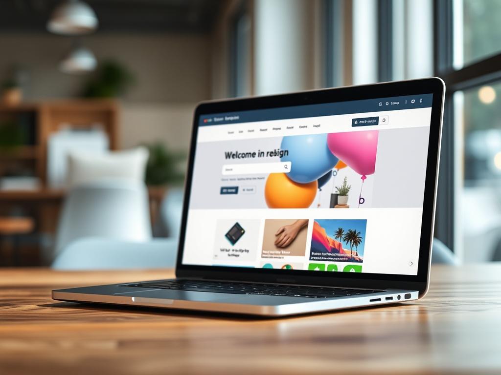 A clean, modern website interface displayed on a laptop screen, showcasing a fresh and vibrant design. The laptop should be placed on a wooden desk with a blurred background of an office environment. Soft natural light should illuminate the scene, enhancing the design's colors and details. The focus should be sharp on the laptop screen, creating a welcoming and professional atmosphere.