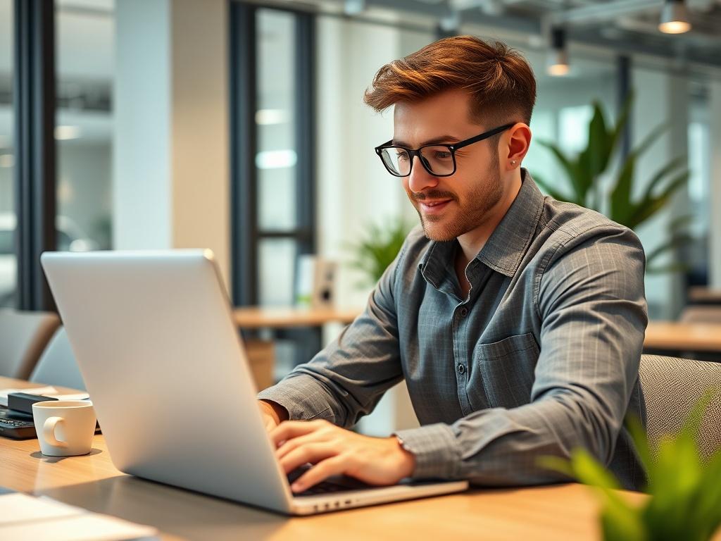 A close-up shot of a confident marketing professional working on a laptop, focused on social media and website analytics. The background should be a modern office setting with a clean and organized desk. The color scheme should have vibrant greens to reflect creativity and growth, captured in hyper-realistic detail, shot with a 45mm f/1.2 lens.