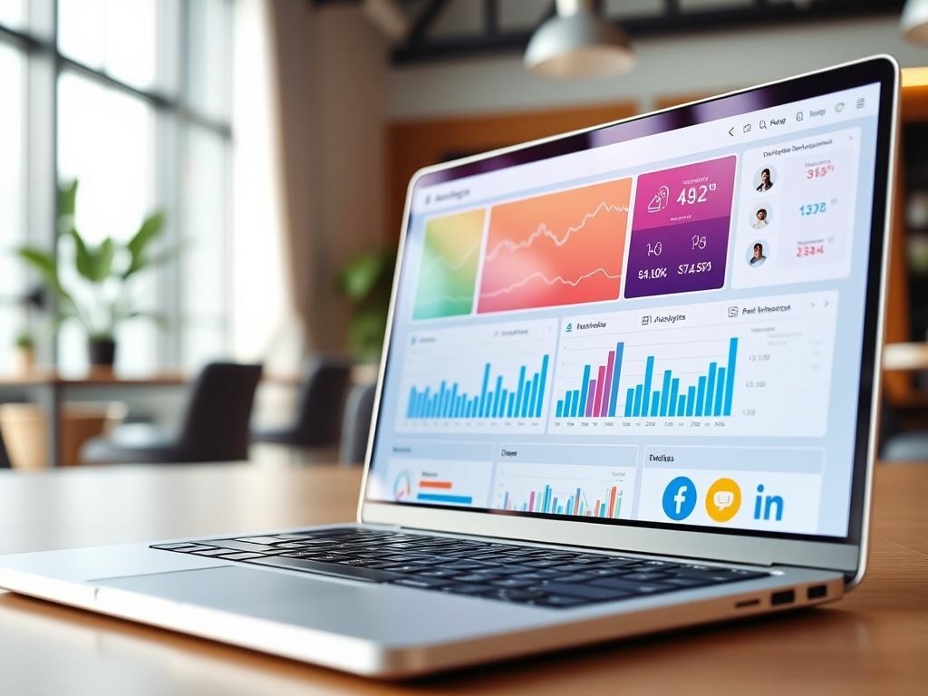 A hyper-realistic close-up shot of a social media management dashboard on a laptop screen, with graphs and analytics displayed. The background should be a modern office setting with soft natural light, creating a professional and inviting atmosphere. The focus is on the laptop screen, showcasing vibrant colors and clear data visualization.