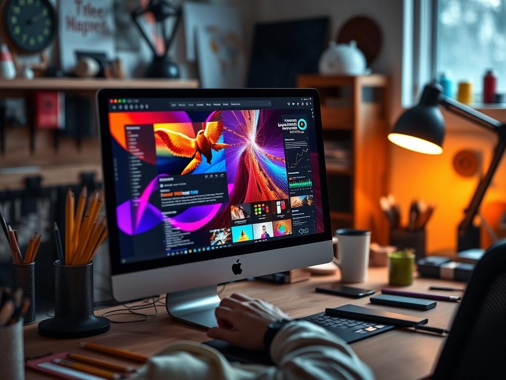 A hyper-realistic close-up shot of a web developer working on a website design on a computer screen, with vibrant colors and intricate design elements visible. The background should be a creative workspace, filled with design tools and a soft light illuminating the scene, highlighting the focus on the screen.