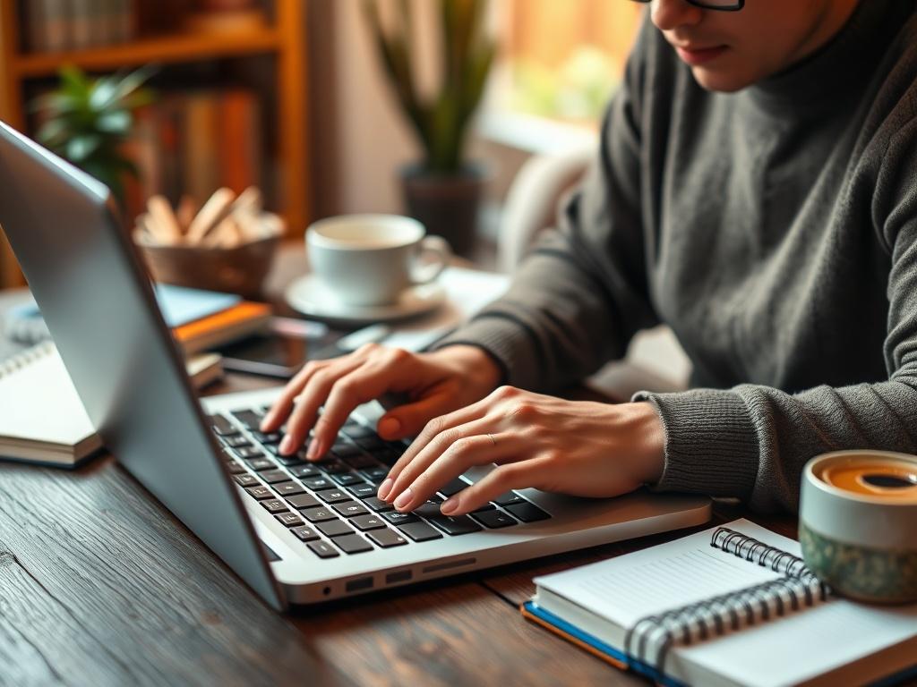 A hyper-realistic close-up shot of a content writer typing on a laptop, surrounded by notebooks and coffee, creating engaging content. The background should be a cozy, well-lit workspace that inspires creativity, showcasing the writer's focused expression and the vibrant colors of the materials.