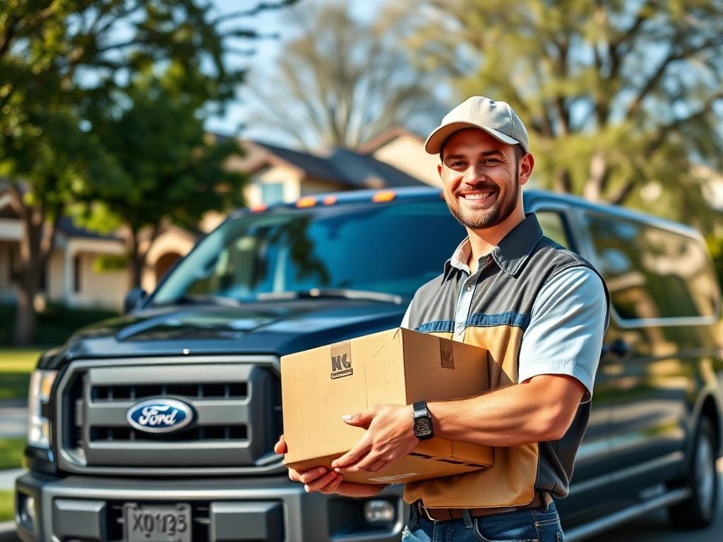 A delivery man in a professional uniform stands next to a 2016 Ford F-150 van, smiling confidently while holding a box with his left hand positioned naturally. The background features a suburban neighborhood setting with trees and houses, creating a welcoming atmosphere. The focus is on the delivery man and the box, with a clear depth of field that blurs the background slightly. The lighting is bright and natural, showcasing the professionalism of K. T. Delivers.