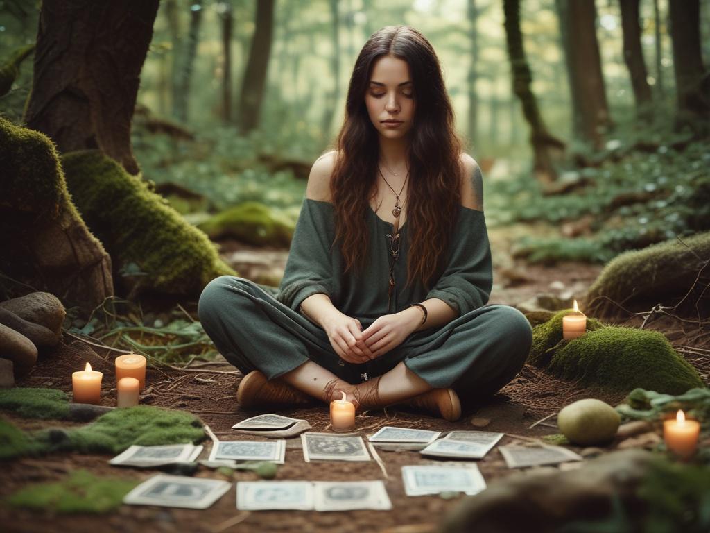 A serene woman sitting cross legged in a lush, natural