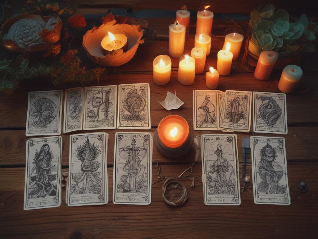 A close up of a beautifully laid out tarot spread