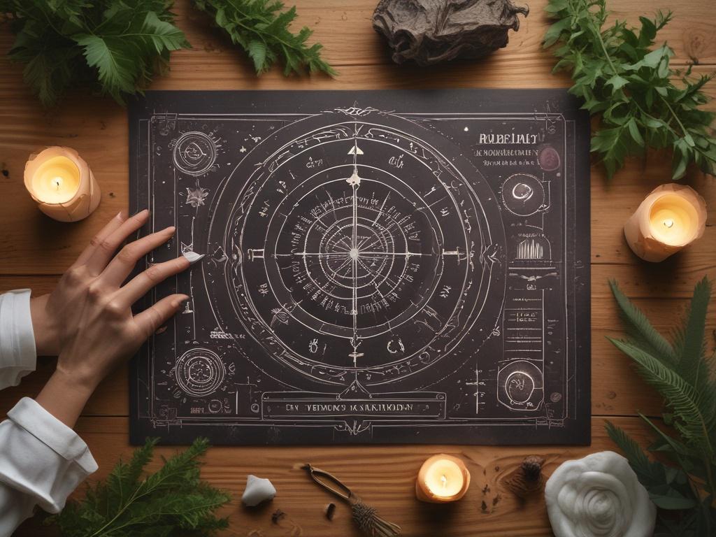 An open birth chart displayed on a wooden table, surrounded