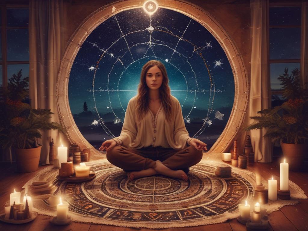 A serene setting featuring a person sitting cross legged on
