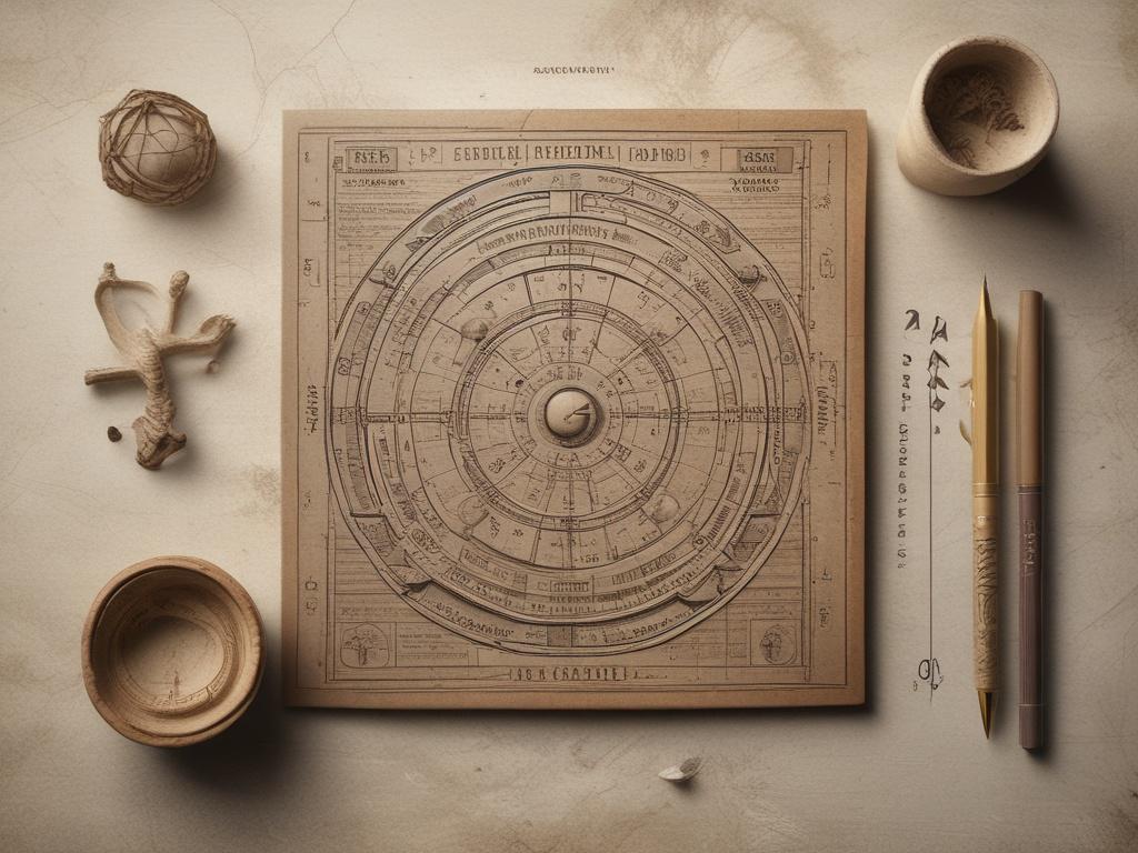 Generate a realistic high-resolution image of an astrological birth chart analysis setting. The composition should feature an open astrological chart on a rustic table, with a notebook and pen nearby. Soft, natural lighting highlights the details, while the background includes earthy elements like plants and wooden textures.