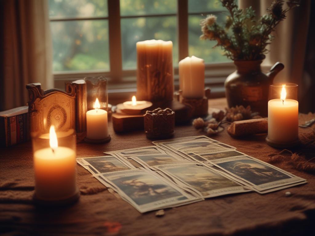 Design a realistic high-resolution image of a tarot card reading scene. The setting should include a table with an array of tarot cards spread out, surrounded by candles and crystals. The ambiance should be warm and inviting, with earthy tones and textures, creating a mystical atmosphere.