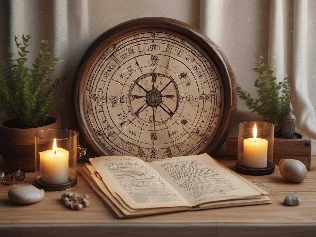 Create a realistic high-resolution image of a serene astrology reading setting. The scene should feature a cozy, rustic table adorned with astrological charts and crystals. Natural light filters through a window, casting soft shadows. The background should have earthy textures like wood and plants, creating a grounded atmosphere.
