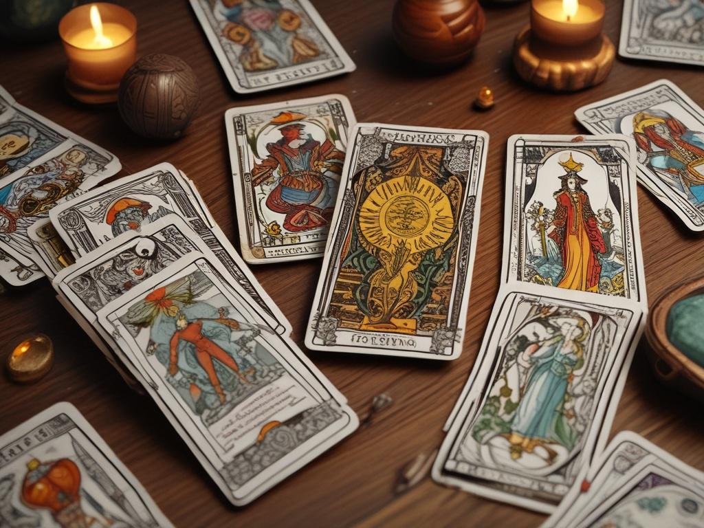 A beautifully arranged deck of tarot cards faced down on a wooden table, with a soft, warm light illuminating the scene. The focus is on a single tarot card partially revealed, hinting at the mystery of the reading. The background features gentle hints of nature, like soft greenery and crystals, creating a calming and mystical atmosphere. The overall composition is minimalistic, with clean lines and bold colors that evoke a spiritual bohemian vibe.