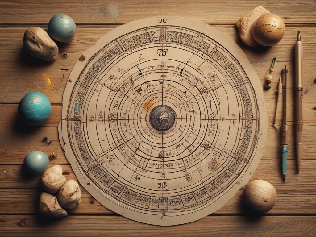 A serene, minimalist scene depicting a beautifully crafted astrological chart spread out on a rustic wooden table. The focus is on vibrant zodiac symbols, with a softly glowing candle beside it. The background features a hint of lush greenery, creating a calming and spiritual atmosphere. The colors are bold yet harmonious, emphasizing the earthy tones of the table and the bright colors of the zodiac symbols. A soft light illuminates the scene, giving it a mystical vibe.