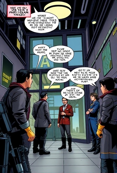 Preview page showing characters discussing their mission with dialogue bubbles