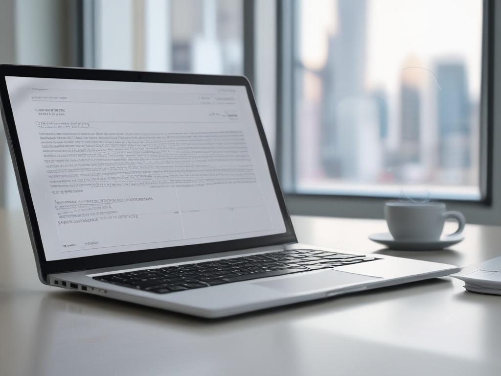 A close-up shot of a sleek laptop displaying a vibrant digital report, surrounded by legal documents. The background features subtle white and light gray architectural lines, emphasizing a modern workspace. The laptop is in focus, showcasing the report's details, while the setting conveys professionalism and clarity.
