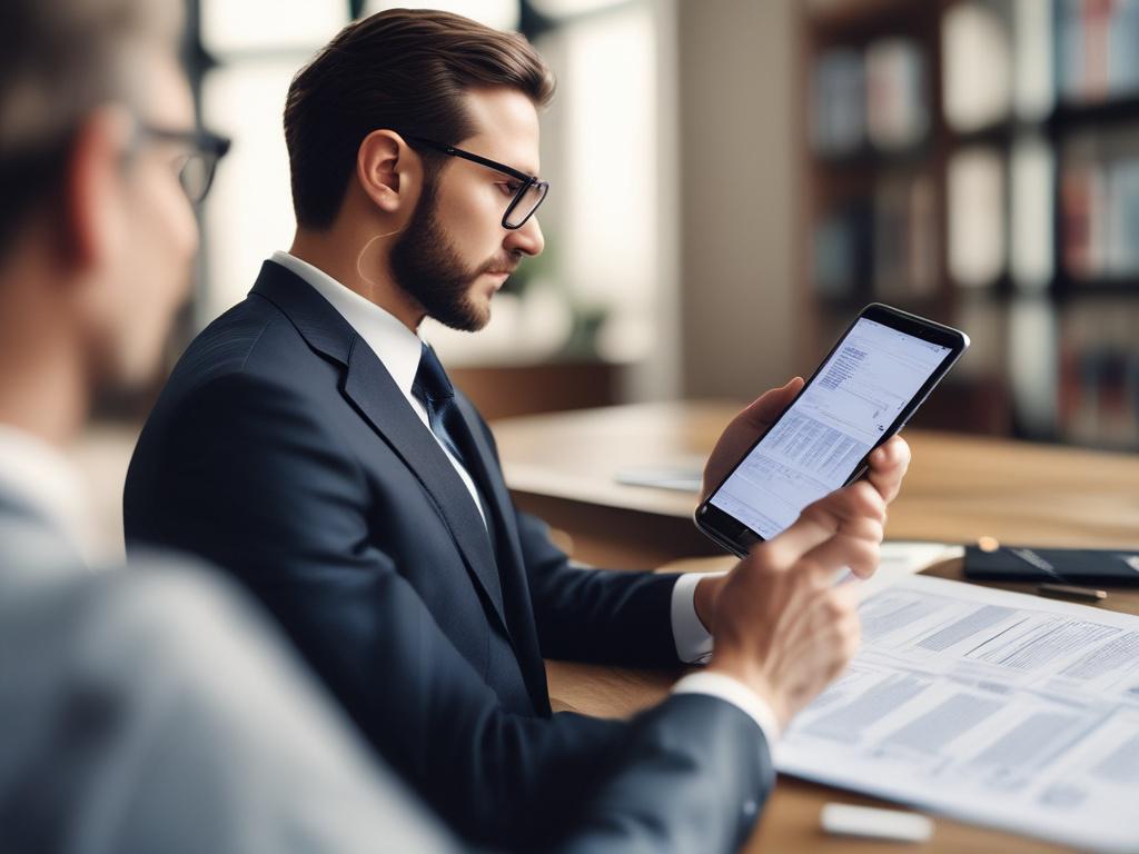 An engaging close-up of a professional attorney reviewing a digital report on a smartphone, showcasing key insights. The background is softly blurred with subtle architectural lines, creating a modern and clean environment that reflects efficiency and focus.