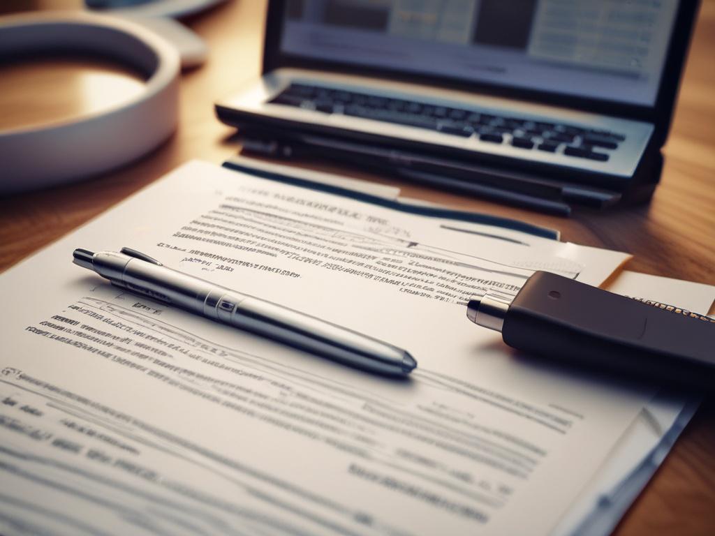 A close-up shot of a legal report on a desk with a laptop open, showing detailed analysis. The setting should be sophisticated, with warm lighting that highlights the professionalism of the legal environment.