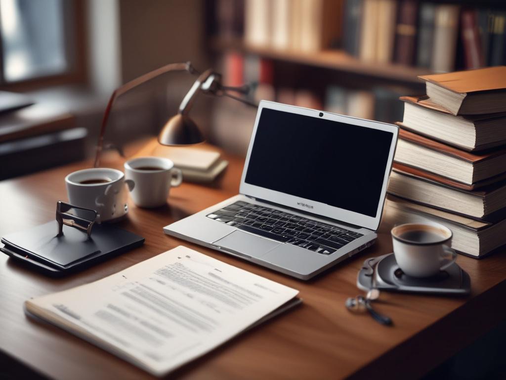 A close-up shot of a modern attorney's desk with a computer displaying a legal document analysis interface, surrounded by legal books and a cup of coffee. The image should convey a sense of professionalism and technology integration, with a focus on clarity and organization.