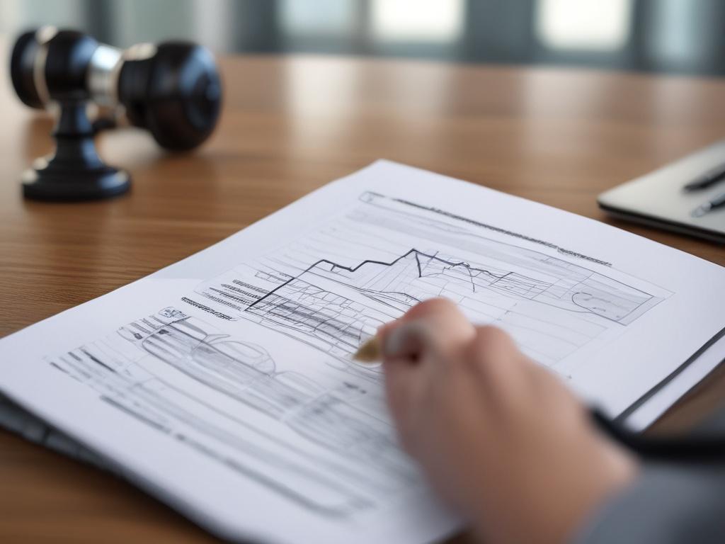 A hyper-realistic close-up of a legal report being reviewed by an attorney in a modern office setting. The report should be prominently visible, showcasing charts and timelines, with a soft-focus background of legal books and a sleek desk.