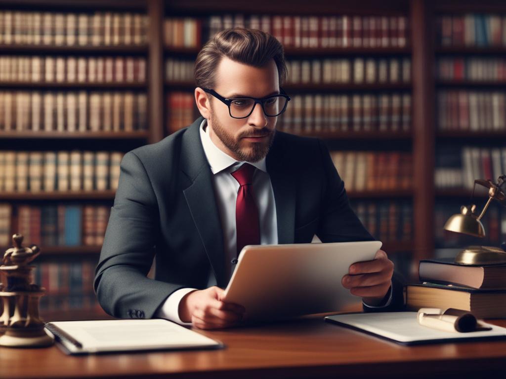 A hyper-realistic close-up shot of a legal professional, deeply focused, reviewing a digital report on a tablet, with a blurred background of law books and a desk filled with legal documents. The scene captures the essence of efficiency and expertise in legal technology.