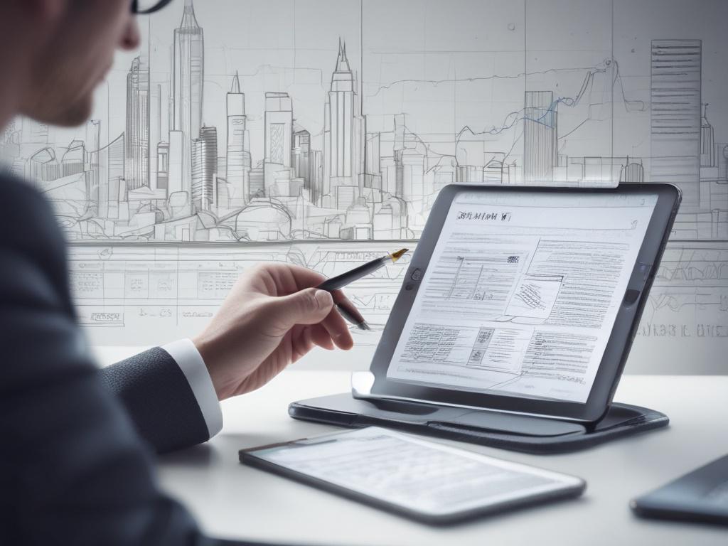 A high-resolution close-up shot of a legal professional reviewing a strategic legal insights report on a tablet. The background displays subtle white/light gray architectural lines or patterns, creating a modern and clean professional setting. The focus is on the tablet screen, showcasing the report details.
