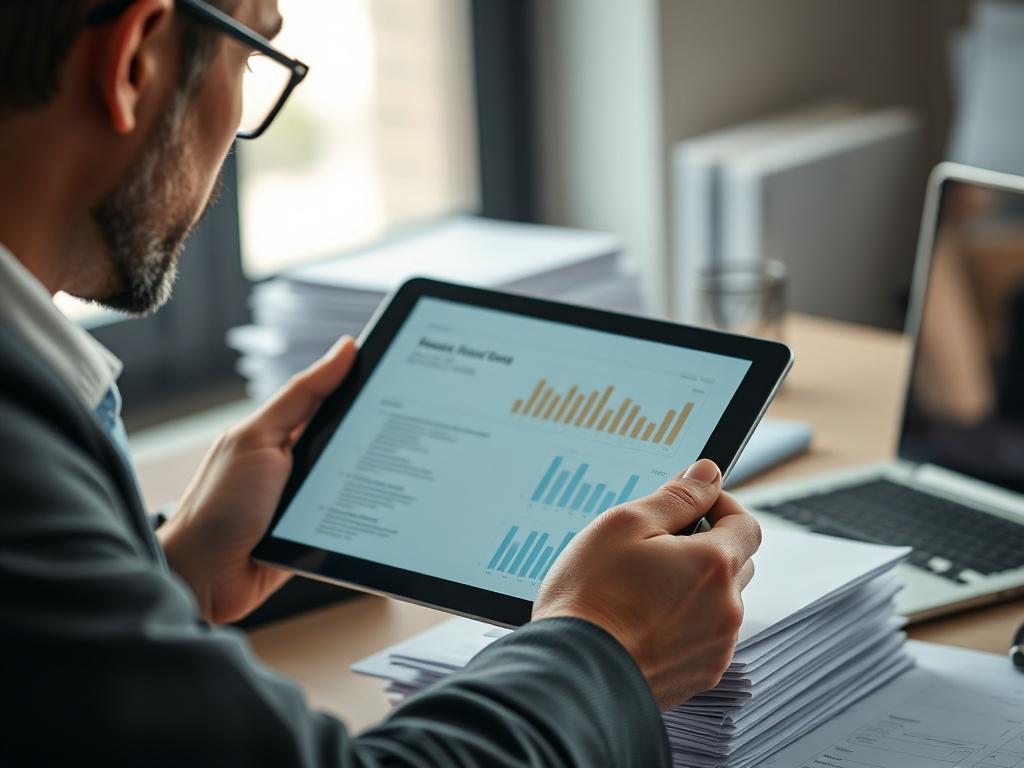 A hyper-realistic close-up of a focused attorney reviewing a digital report on a tablet, surrounded by stacks of documents and a laptop. The background is softly blurred to emphasize the attorney's concentration and the clarity of the digital report. The lighting is natural, highlighting the textures of the documents and the screen.