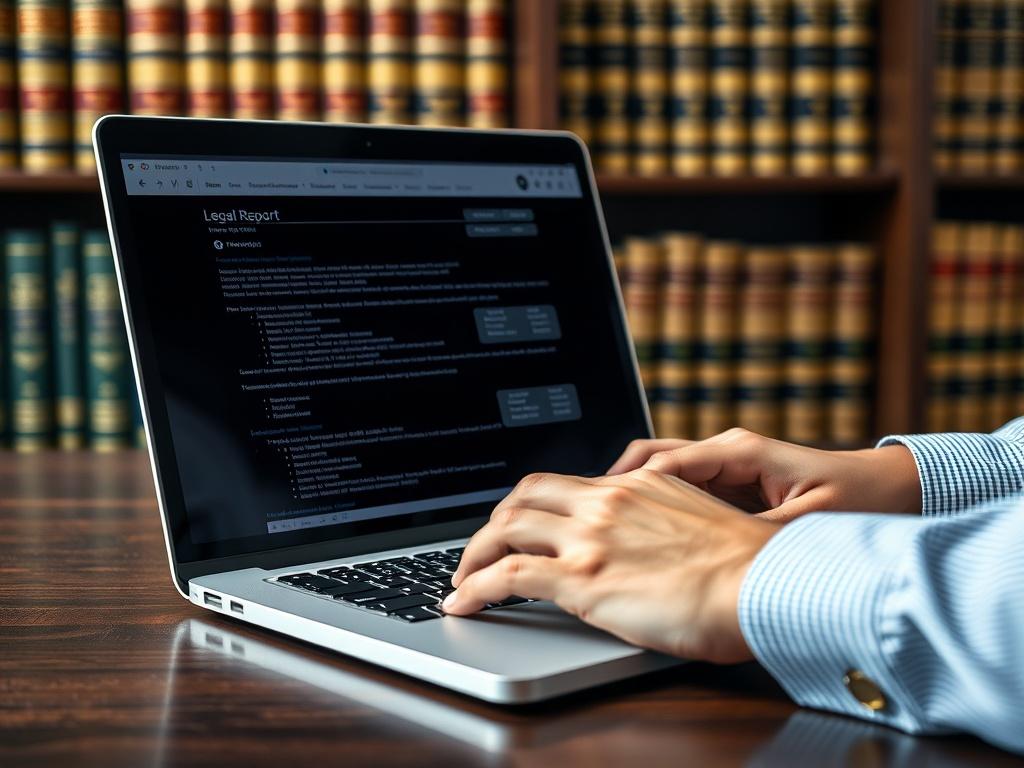 A hyper-realistic close-up of a legal report displayed on a laptop, with an attorney's hands poised over keys ready to type. The background includes a soft-focus bookshelf filled with law books, creating an atmosphere of professionalism and authority.
