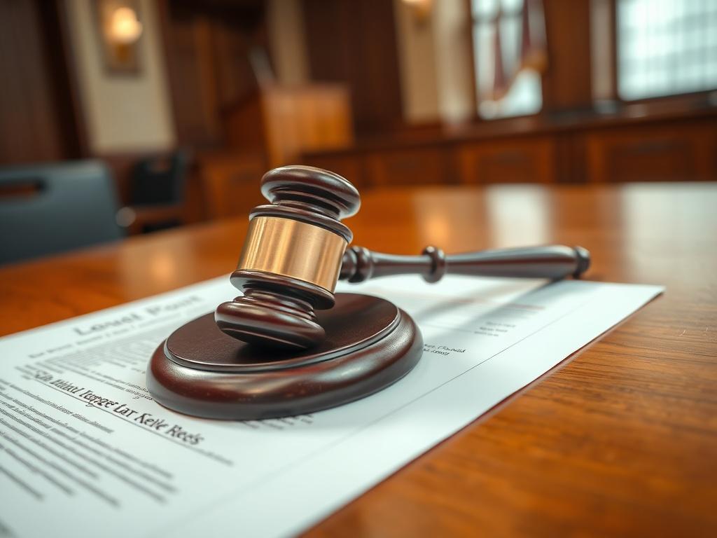 A hyper-realistic close-up of a gavel resting on a legal document, symbolizing the seriousness of the legal field. The background features a blurred courtroom setting, enhancing the theme of legal professionalism and commitment.
