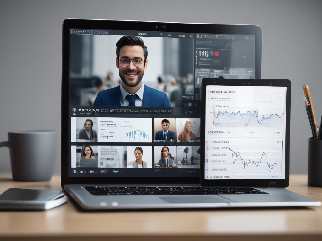 A close-up shot of a legal professional on a video call discussing a case audit, with a laptop open displaying analytics and documents. The setting should be modern and professional, with soft lighting that enhances the focus on the conversation.