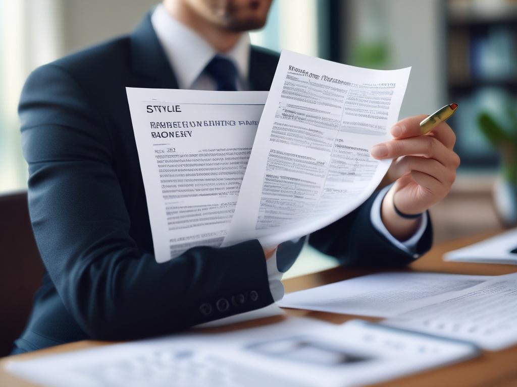 A close-up shot of a legal professional reviewing a strategic report generated by AI, in a modern office setting. The background should be slightly blurred to emphasize the document in their hands, showcasing clarity and focus. The lighting should be bright and professional, with a hint of green to match the primary color theme.