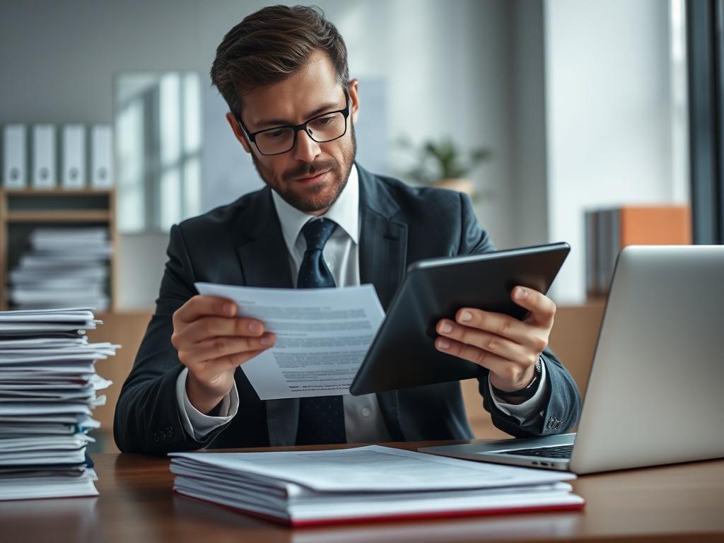 A close-up shot of a professional attorney reviewing a digital document on a tablet, surrounded by stacks of paper and a laptop in a modern office setting. The background should be slightly blurred to emphasize the attorney, highlighting a sense of focus and determination in a clean, organized workspace.