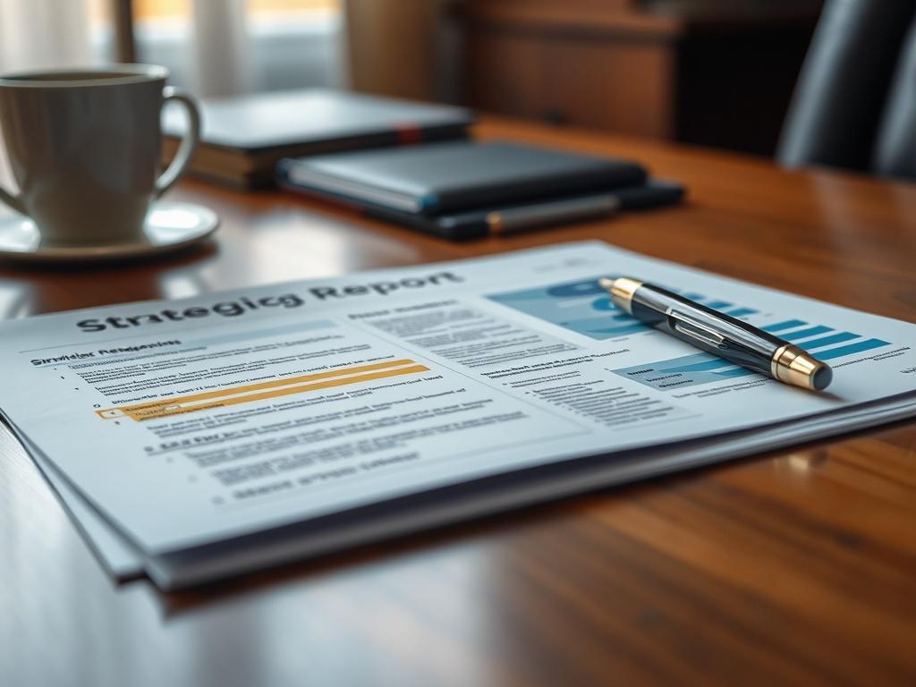 A hyper-realistic close-up of a printed strategic report with highlighted sections and annotations lying on a polished wooden desk, accompanied by a pen and a coffee cup. The background should be softly focused, evoking a sense of professionalism and attention to detail.